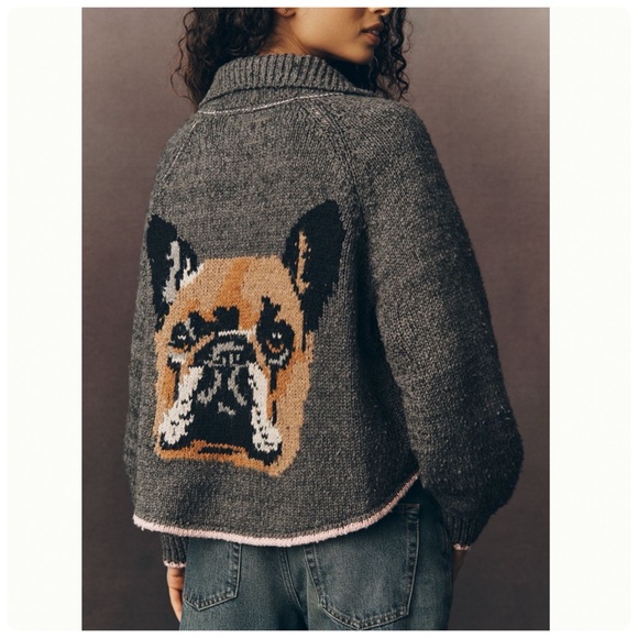 NWT Anthropologie Pilcro Jesse Dog Icon French Bulldog Icon Cardigan , M Petite - Picture 2 of 10